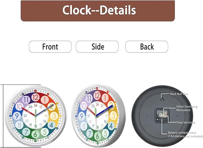 XFM Learning Clock for Kids 12 Inch Colorful Teaching Time Wall Clocks Battery - Image 7