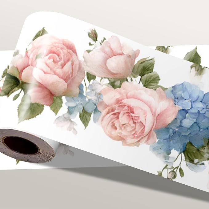 Floral Rose Wallpaper Border 196x4 Inch Peel and Stick Wall Border Pink Blue by IOHEFY