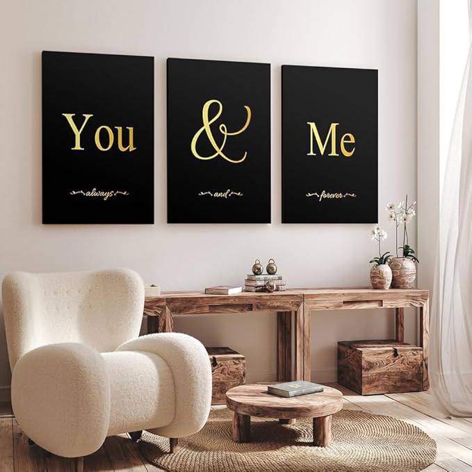 GUBIYU Black and Gold Bedroom Art Love Wall Decor You and Me Word Canvas Poster - Image 3
