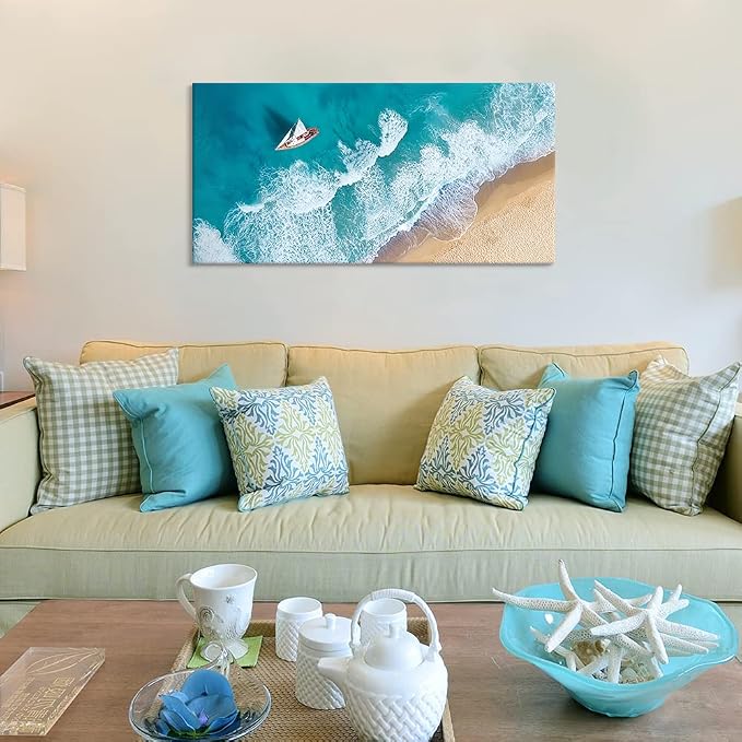 Goldfoilart Blue Ocean Sea Beach Canvas Wall Art Sailboat Painting Print on - Image 2