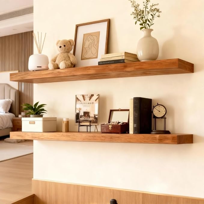 ROGMARS 36 Inches Long Walnut Floating Shelves, Rustic Solid Wood Farmhouse - Image 6