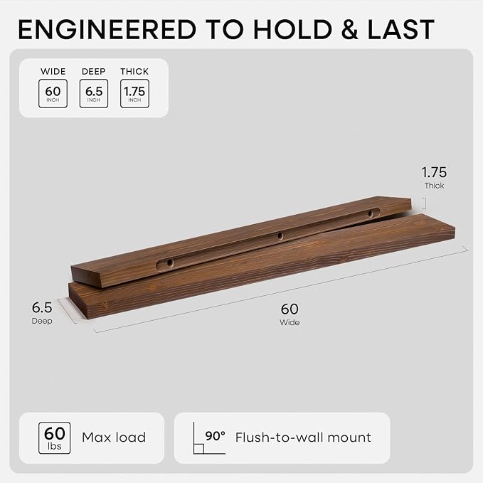 Homeforia Classic Walnut 60 inch Floating Shelf, High End Solid Real Wood Small - Image 2