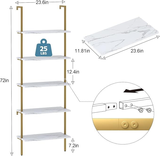 aboxoo Ladder Shelf 2PCS White Marble Bookshelf 5-Tier Wall-Mounted Wood Rack - Image 3
