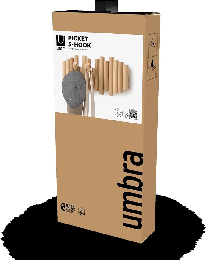 Umbra Picket Coat Rack Wall Mount – 5 Flip-Down Wood Coat Hooks, Modern & - Image 7