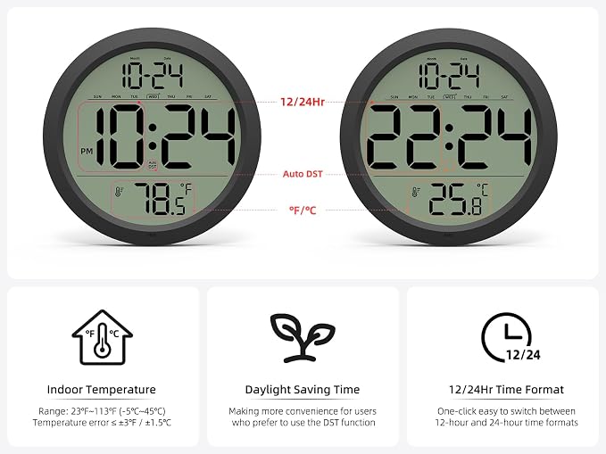 Digital Wall Clock with Date, Indoor Temperature, Battery-Operated Digital Clock - Image 5