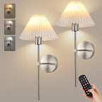 Wireless Wall Sconce Sets of 2, Pleated Shades Rechargeable Battery Operated by KELUOLY