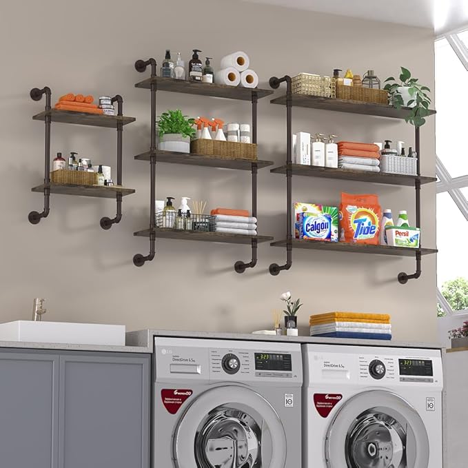 Helsin 2 Tier Industrial Pipe Floating Bathroom Shelves, 16inch Rustic Wood - Image 7