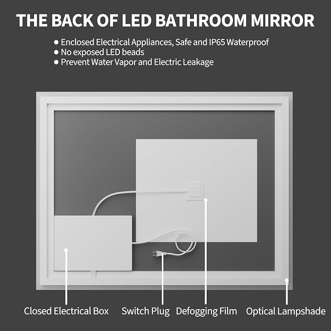 Koonmi 36"x24" LED Mirror for Bathroom, 90CRI Anti-Fog Vanity Mirror - Image 8