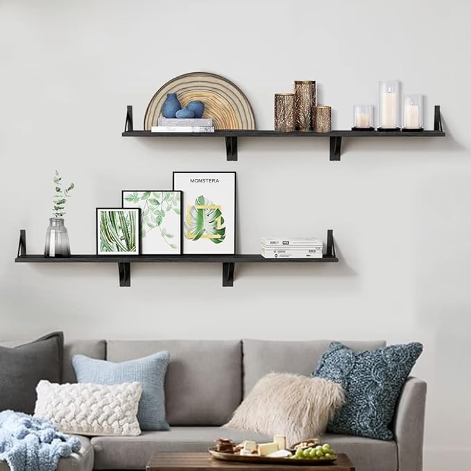 Forbena Black Floating Shelves Bathroom Set of 3, Wooden Wall Book Shelves - Image 5