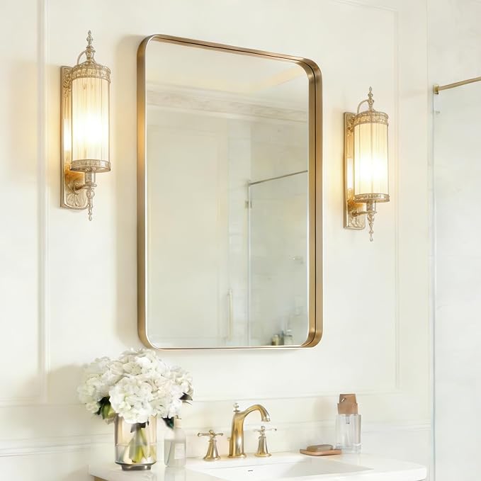 USHOWER Gold Bathroom Mirror 24"x36", Brushed Gold Rounded Rectangle Mirror by USHOWER