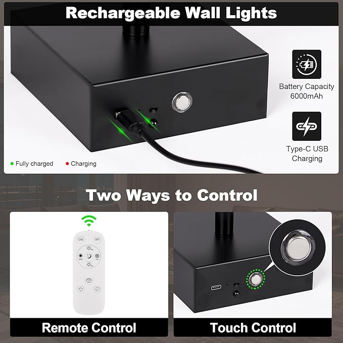 Battery Operated Wall Sconce, 3000K-6000K Dimmable Black Wall Lights - Image 6