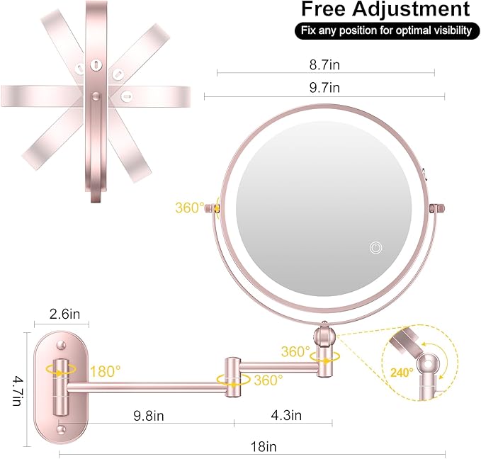 9" Wall Mounted Lighted Makeup Mirror, 4000mAh Rechargeable Double Sided 1X/10X - Image 6