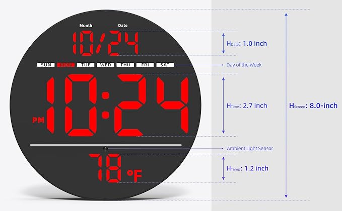 Digital Wall Clock with Large LED Display, Temperature, Auto-Brightness | Small - Image 3