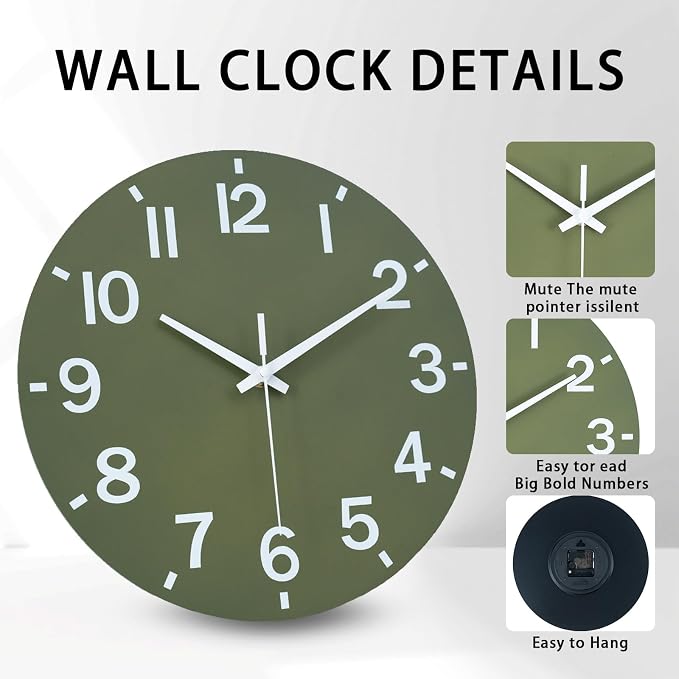 HZDHCLH Wall Clock 8 Inch Silent Non Ticking Wood Battery Operated Green Wooden - Image 2