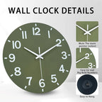 HZDHCLH Wall Clock 12 Inch Silent Non Ticking Wood Battery Operated Green - Image 2