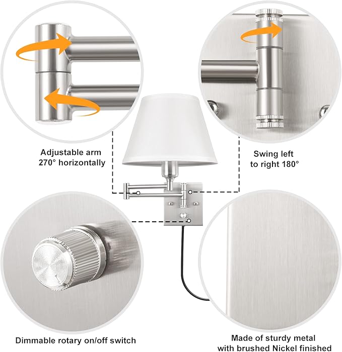 TRLIFE Wall Sconce Plug in, Dimmable Wall Sconces Set of 2 Brushed Nickel Swing - Image 4
