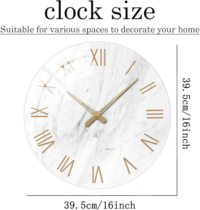 White Marble Large Clocks for Living Room Round Glass Wall Clock Battery - Image 5