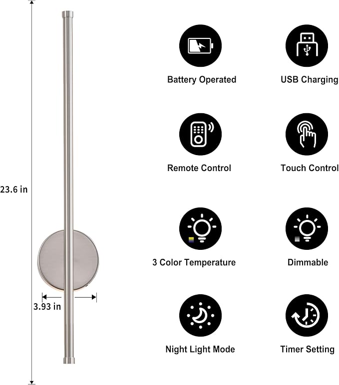 Battery Operated Modern Wall Sconces, Dimmable Wireless Wall Light Set of Two - Image 4