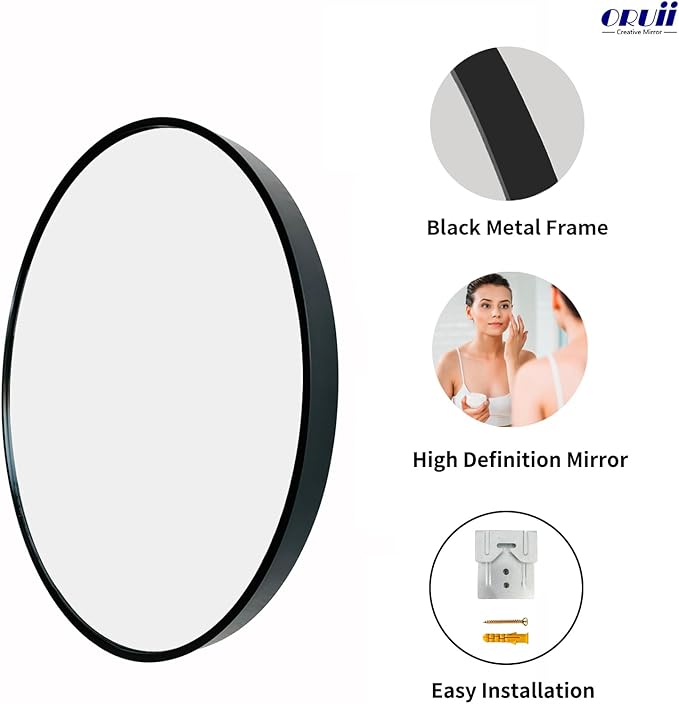 Oruii Round Mirror 30 inch, Large Black Circle Mirror Metal Frame, Large Black - Image 2