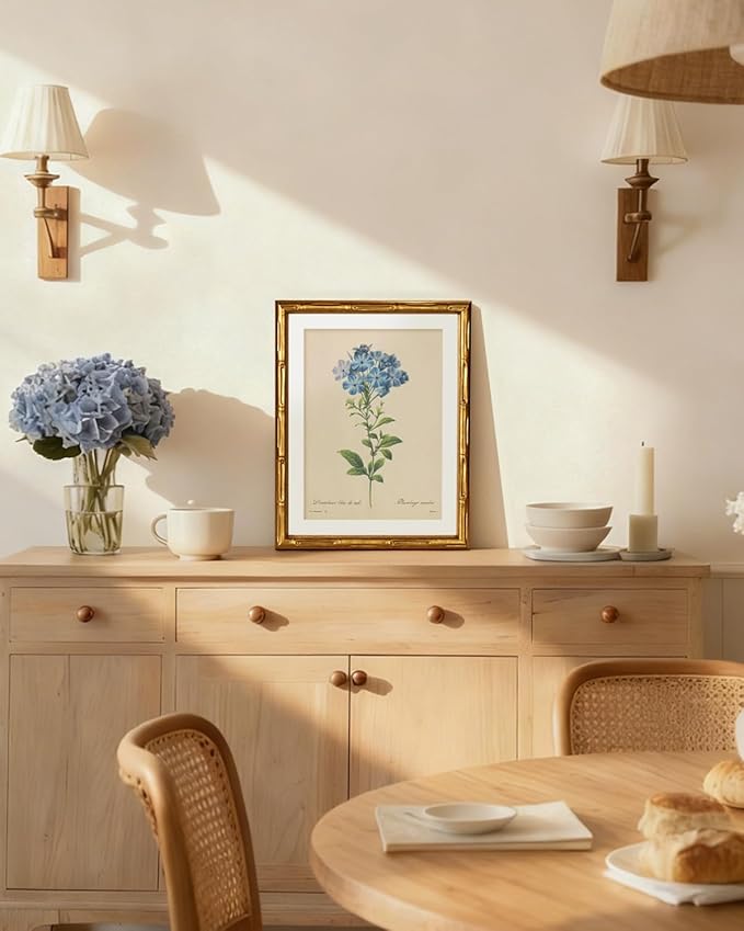 InSimSea Gold Bamboo Framed Canvas Wall Art, Vintage Minimalist Blue Botanical - Image 2