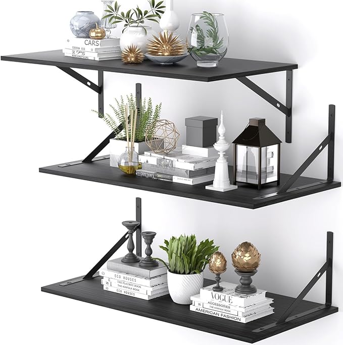 Deep Floating Shelves for Wall Set of 3, 24W x 12 Inch Deep Black Floating by Unknown