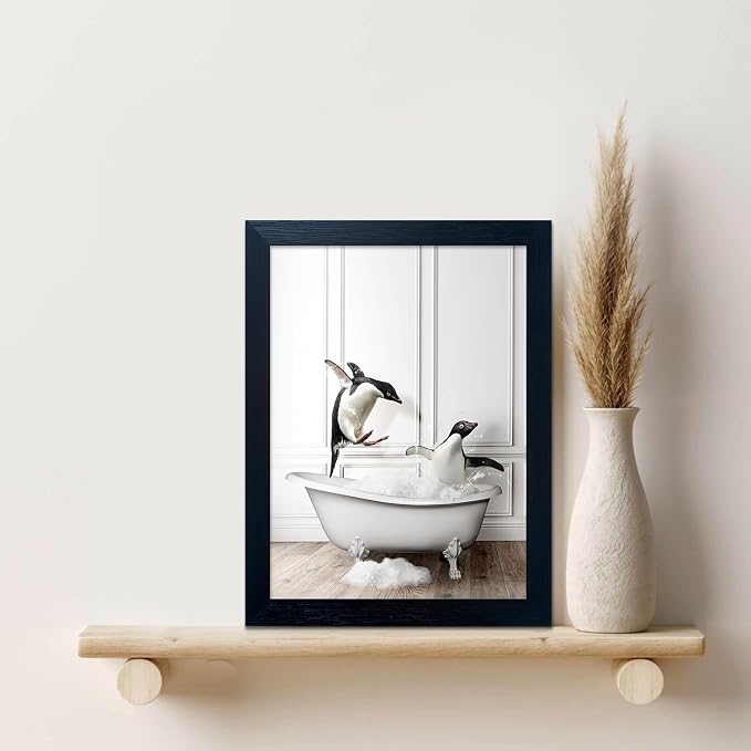 Kids Bathroom Wall Art Framed Black and White Animal Wall Art Cute Penguins in - Image 8