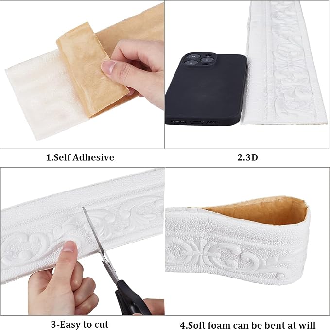 CRASPIRE 82x3 inch Molding Peel and Stick White 3D Flexible Foam Wall Trim Self - Image 6