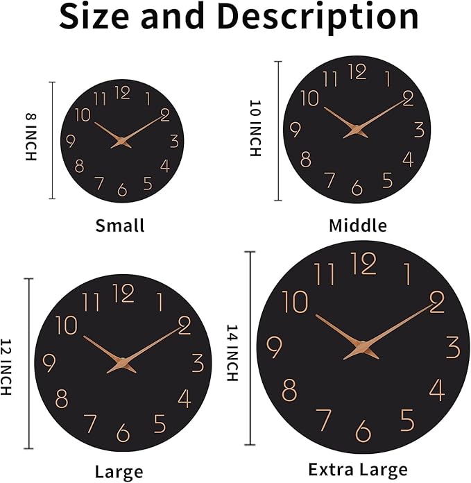 Mosewa Wall Clock 14 Inch Black Battery Operated Silent Non Ticking Simple - Image 2