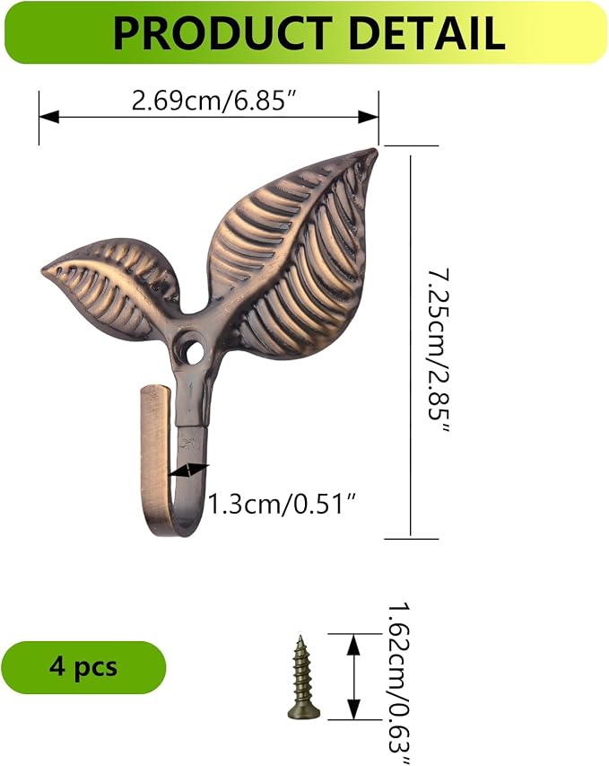 Set of 4 Vintage Leaf Wall Hooks Antique Bronze Coat Hooks Heavy Duty - Image 2