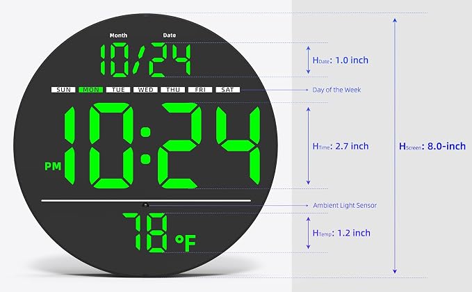 Digital Wall Clock with Large LED Display, Temperature, Auto-Brightness | Small - Image 3