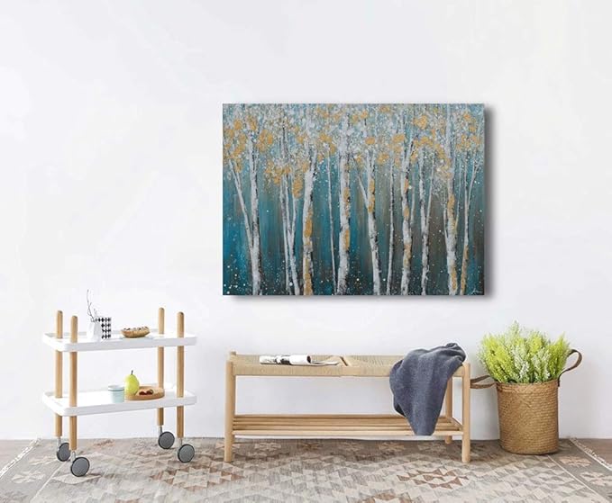 Yihui Arts Birch Tree Canvas Wall Art Hand Painted Teal and White Color Painting - Image 7