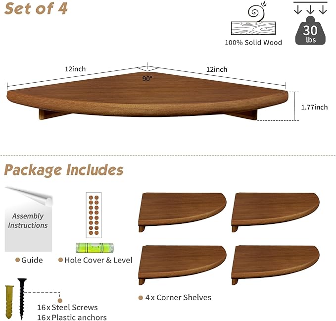 Forbena Corner Bookshelf Wall Mounted Set of 4, Wooden Floating Book Shelves - Image 2