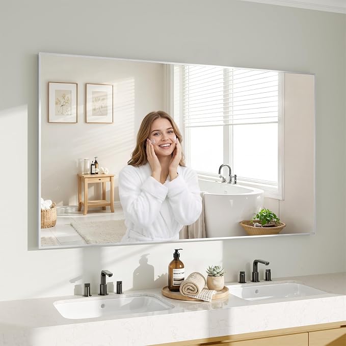 Koonmi Silver Rectangle Wall Mirror, 30x55 Inch Bathroom Mirror, Aluminum Frame by KOONMI