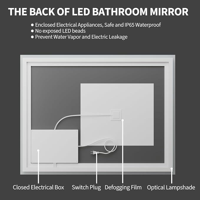 Koonmi 28"x20" LED Mirror for Bathroom, 90CRI Anti-Fog Vanity Mirror - Image 8