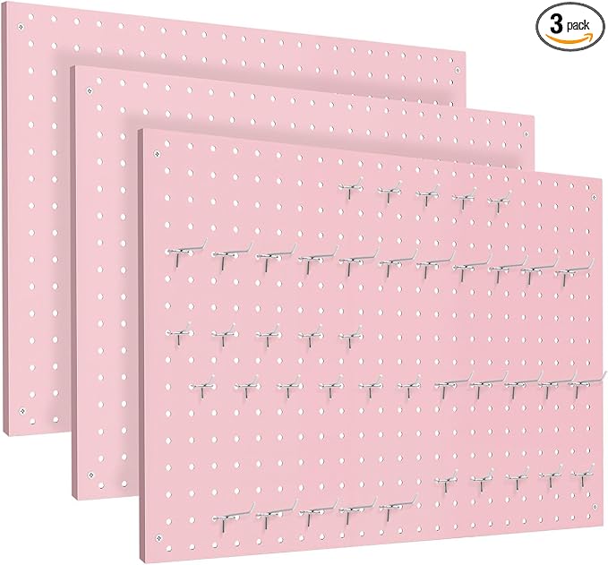 Peg Board, 3 Pack Metal Pegboard Panels Pink Pegboards Wall Organizer by MUWOOD