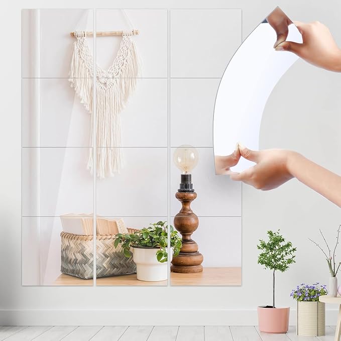 JUNEBRUSHS 18Pack Self Adhesive Acrylic Mirrors, 8 x 8 Inch Mirror Tiles Decor by JUNEBRUSHS