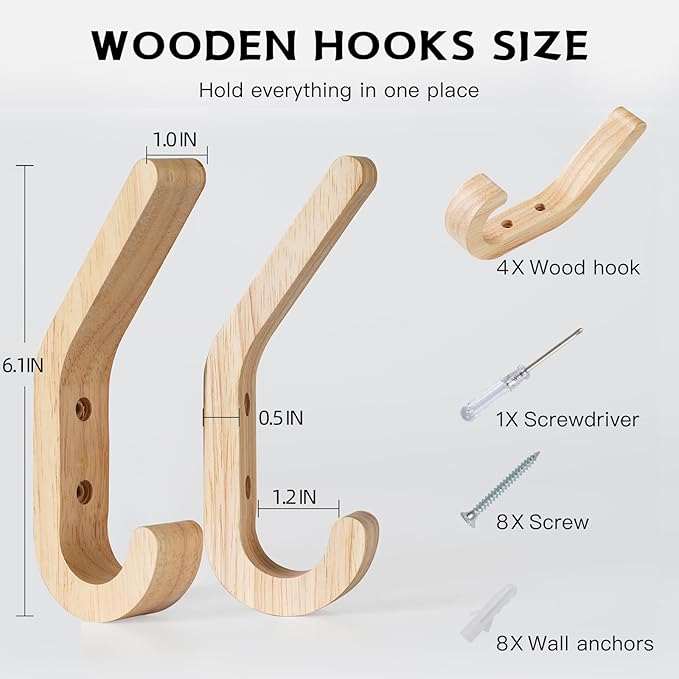 Natural Wood Wall Hooks, 4 Pack Wall Mounted Wooden Coat Hooks, Modern - Image 6
