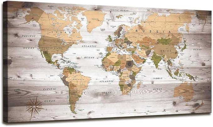 canvas Wall Art 24“x48 lagre map of the world Painting Ready to Hang Framed by ZEYDRT