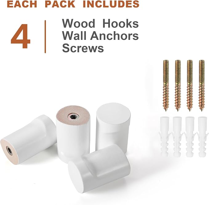bsdonte Wood Wall Hooks, 4 Pack White Decorative Coat Hooks Wall Mounted - Image 7