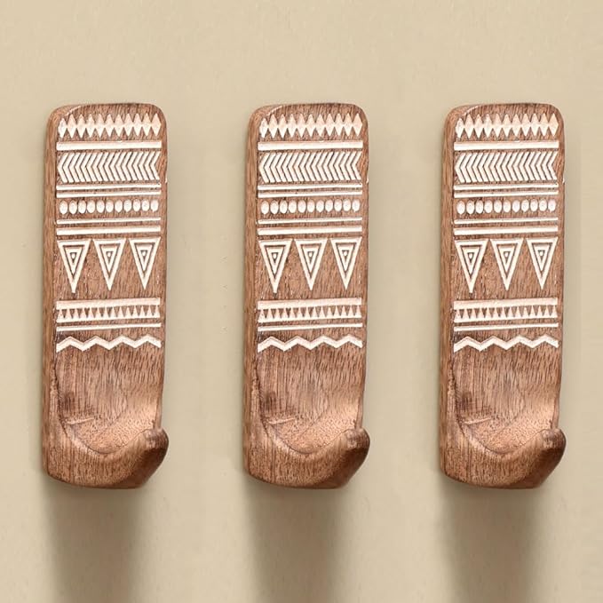 IndianShelf 10 LB- 3 Pieces Decorative Wood Adhesive Wall Hooks–Boho Peel and by IndianShelf