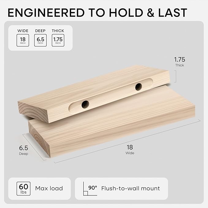 Homeforia 18 inch Wood Floating Shelves, High End Solid Natural Wood 18inch - Image 2