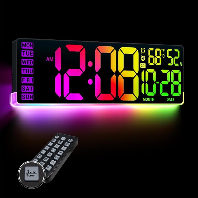 16.5" Large Digital Wall Clock: 11 Screen Colors and 13 U-Shaped RGB Backlight by Nurforta