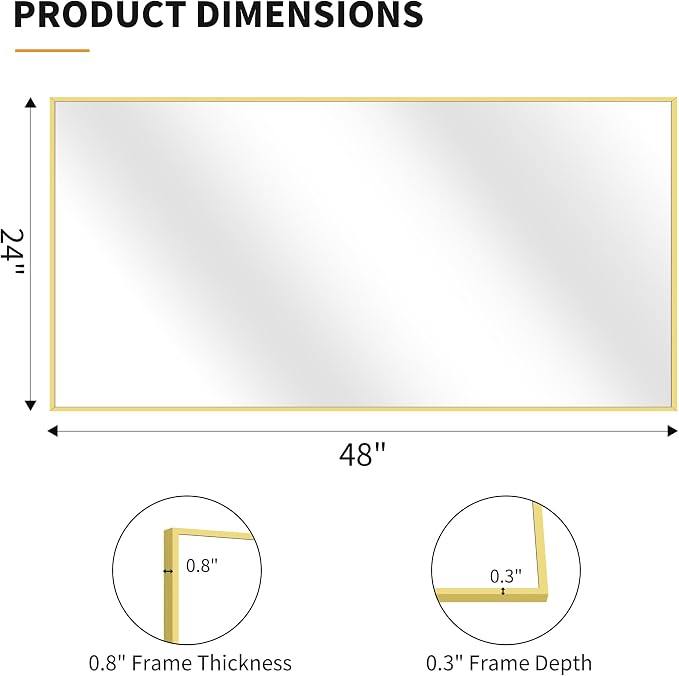 KOCUUY Gold Bathroom Mirror, 24x48 inch Brushed Gold Mirror - Image 6