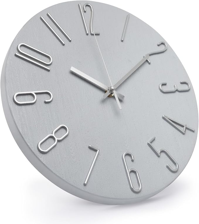 Wall Clock 12 Inch Silent Non-Ticking Imitation Wood Indoor Clock Round Gray - Image 2