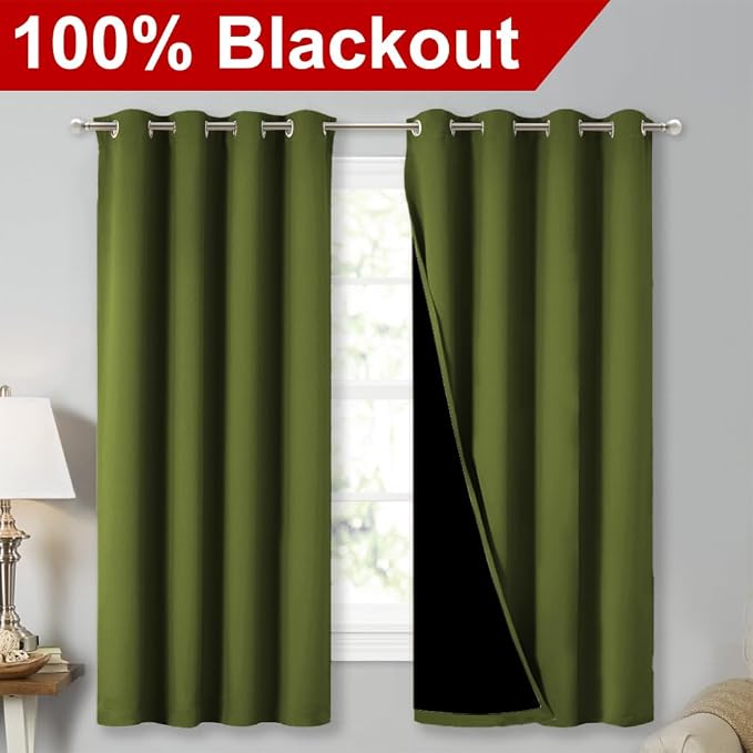 NICETOWN 100% Blackout Curtains 54" Long, Olive Green, 1 Pair, Double-Deck - Image 2