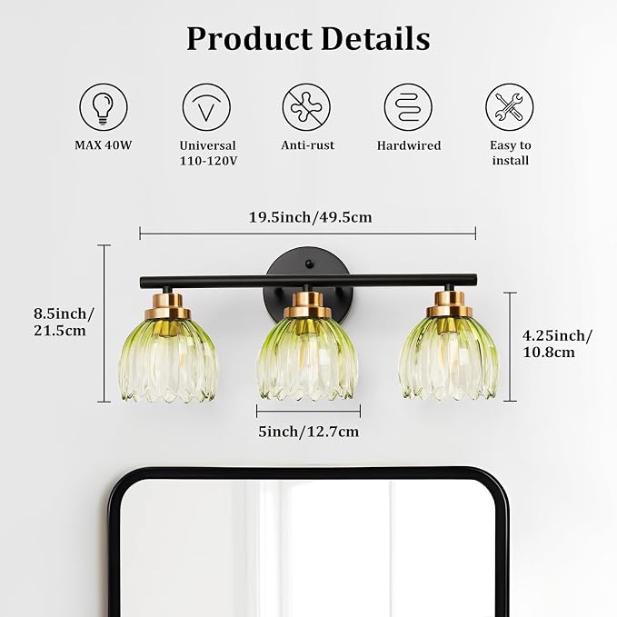 TALOYA Bathroom Vanity Light Fixtures, 3-Light Modern Black and Gold Wall - Image 2