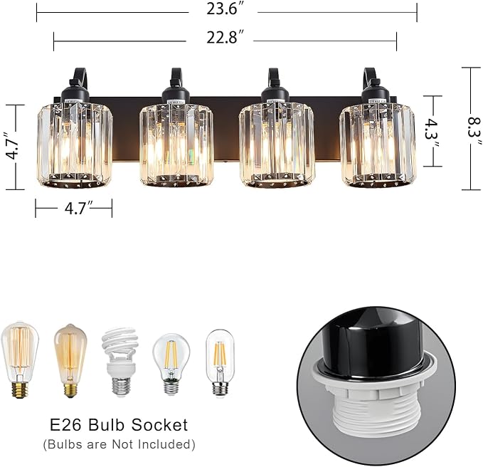 Black 4 Light Fixtures Bathroom Vanity Light Crystal Modern Vanity Over Mirror - Image 3