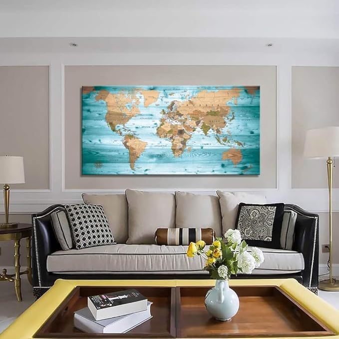 Large Wall Art Blue map of The World Painting Ready to Hang 24"x48"Large Framed - Image 2
