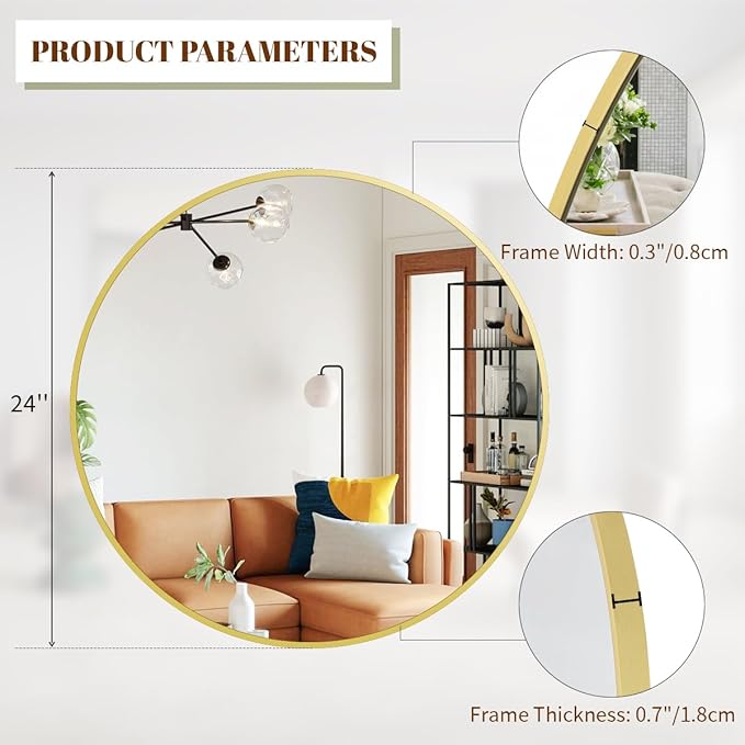 BEAUTYPEAK 24 Inch Round Mirror, Metal Frame Circle Mirror, Wall Mounted - Image 3