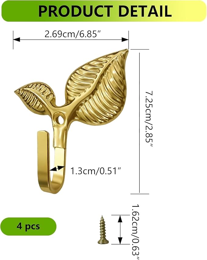 Set of 4 Vintage Leaf Wall Hooks Golden Metal Coat Hooks Heavy Duty Decorative - Image 2